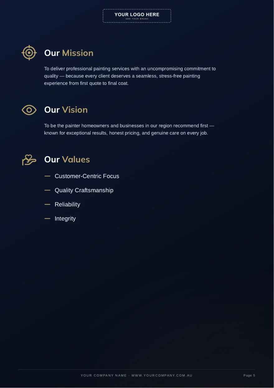 Page 5: Mission, vision and values