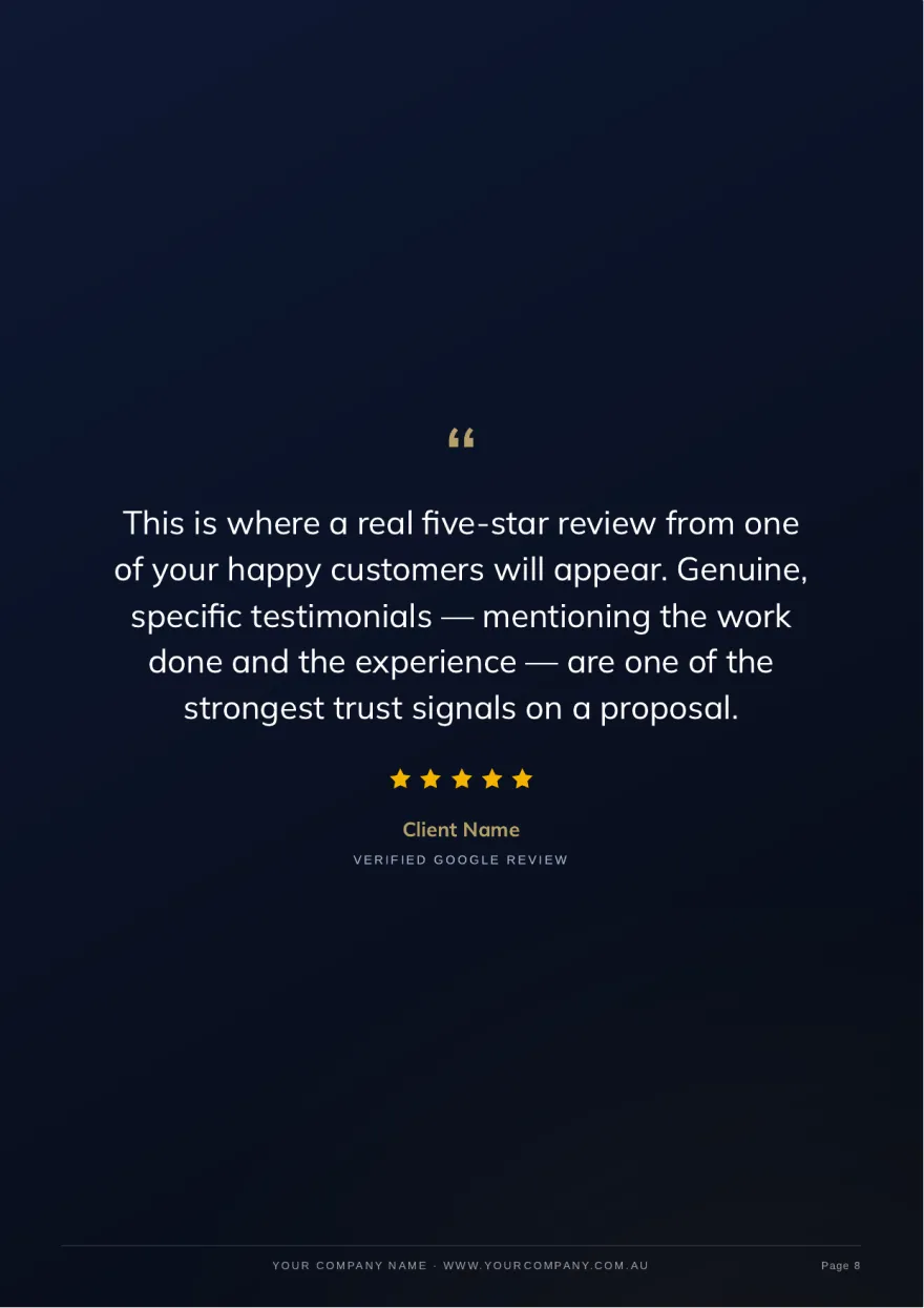 Page 8: Featured five-star review