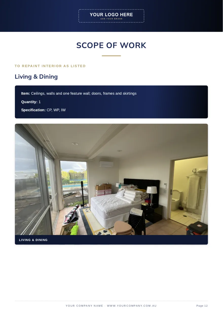Page 12: Scope of work: living and dining, with site photo