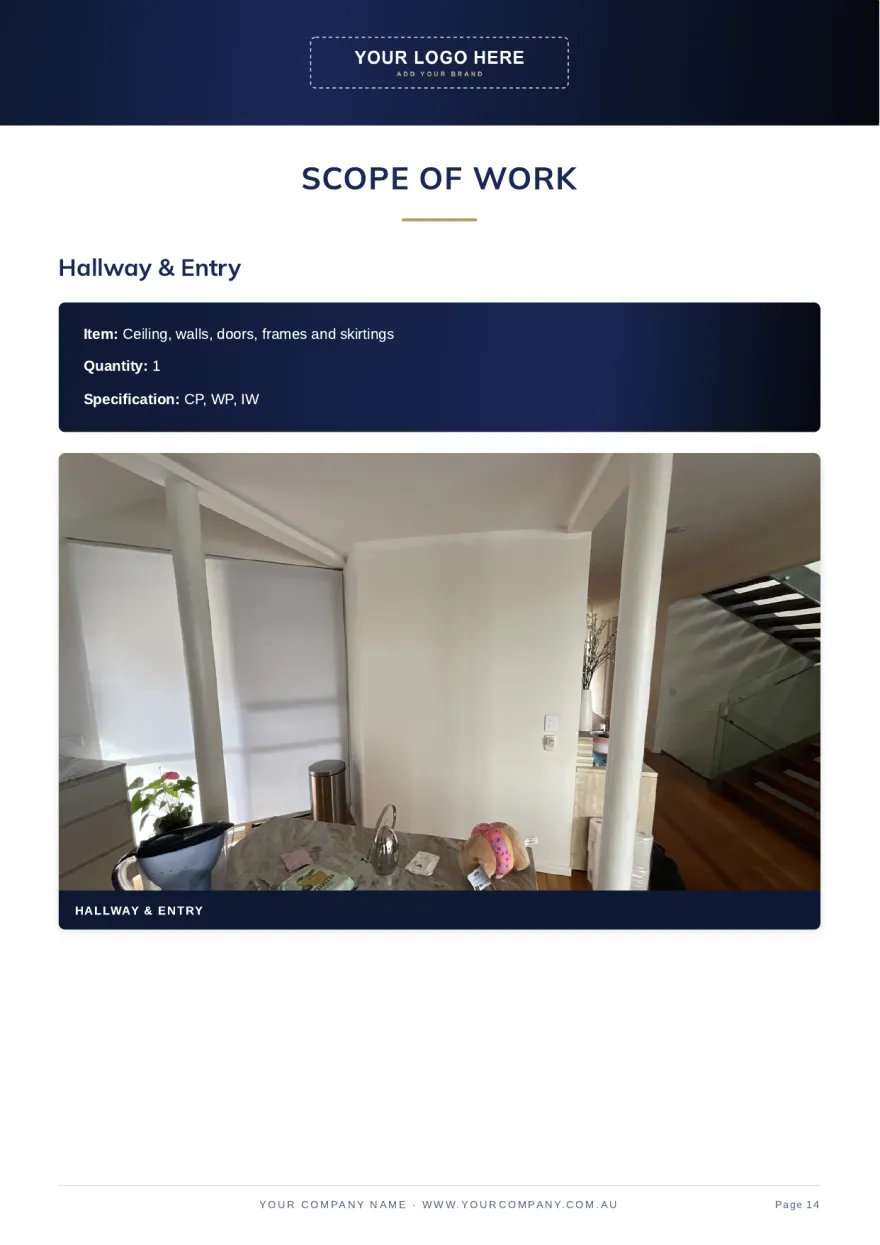 Page 14: Scope of work: hallway and entry, with site photo