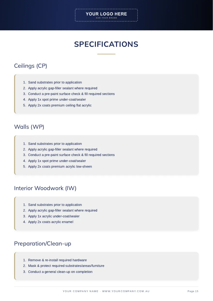 Page 15: Specifications: ceilings, walls, woodwork, prep and clean-up