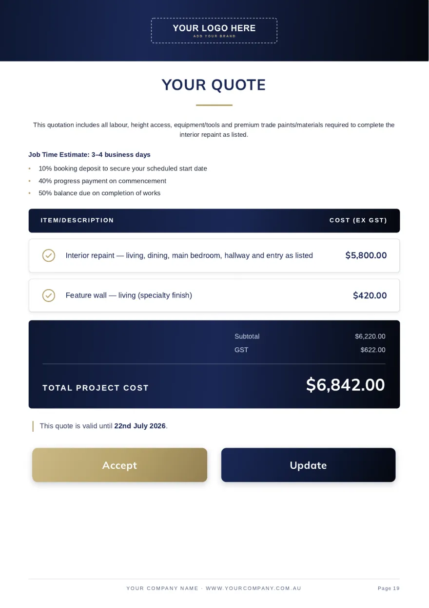 Page 19: Your quote: line items, GST and total project cost with accept button
