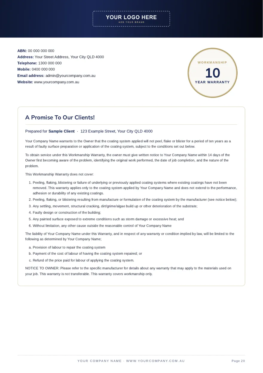 Page 20: Ten year workmanship warranty