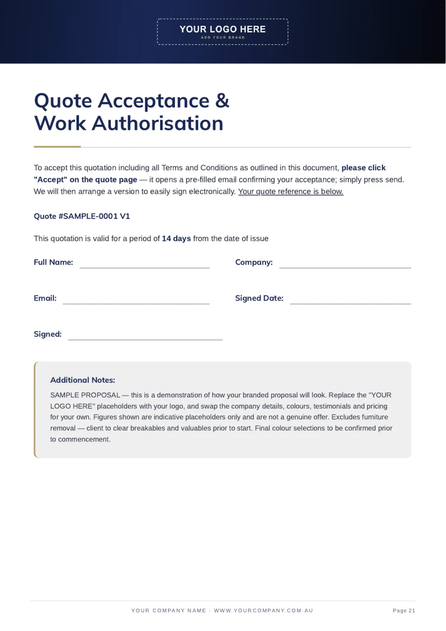 Page 21: Quote acceptance and work authorisation